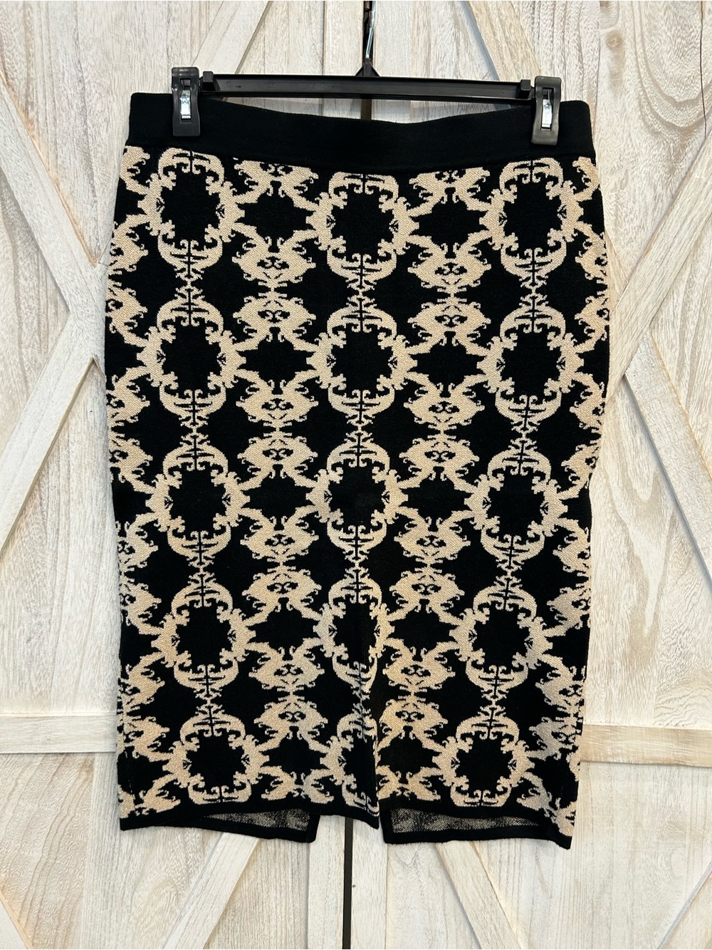 Black and Beige Patterned Pencil Skirt - Women's Sophisticated Knit